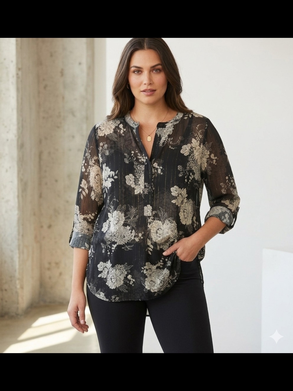 Roz & Ali Floral Print Metallic Stripe Tunic Blouse Med Romantic
